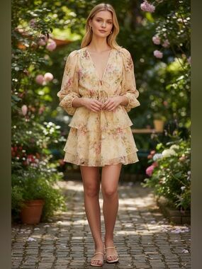TED BAKER Yellow Floral Tamziiy Tie Front Mini Dress US 10 M/L NWT Cottagecore